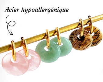 Boucles d’oreilles huggies pierres naturelles femme, créoles interchangeables en acier hypoallergénique
