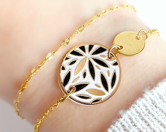 Bracelet boho chic fleurs épi noir blanc et or pour femme