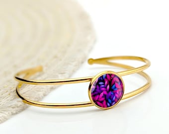 Bracelet jonc acier inoxydable pour femme feuilles rose et violet, version or ou argent