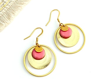 Boucles d'oreilles Livia rose et or médaille striées boho chic pour femme