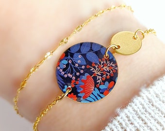 Bracelet fleurs et feuilles bleu et orange pour femme - Or ou Argent