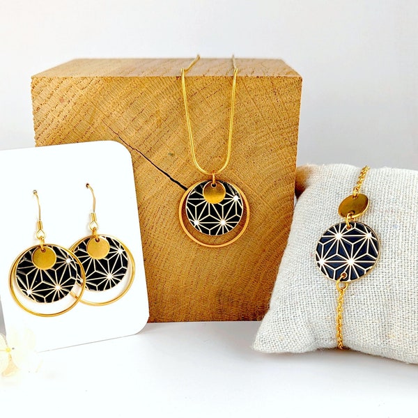 Women's black and gold Japanese star jewelry set: enamel necklace bracelet earrings, gift idea for her, boho chic jewelry