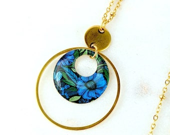 Sautoir doré, collier long pendentif rond et fleuri pour femme