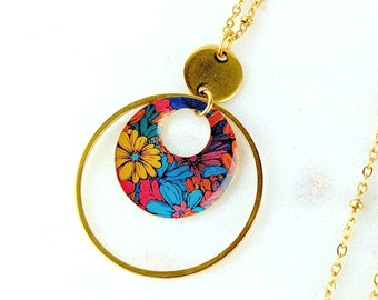 Long necklace with colorful flower resin pendant for women, original jewelry, statement jewelry, gift for her