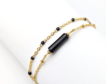 Bracelet pierre d'onyx noir et or pour femme