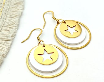 Boucles d'oreilles étoile blanc et or ou argent pour femme