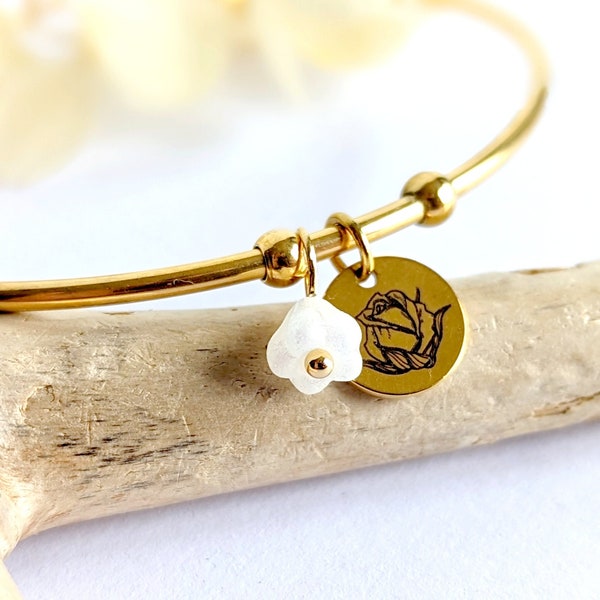 Bracelet jonc fleur de naissance et pierre de naissance, bijou personnalisé femme, idée cadeau d'anniversaire femme, cadeau pour elle