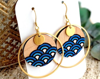 Boucles d'oreilles bleu foncé et or, peintes à la main pour femme, en bois et acier inoxydable chirurgical doré