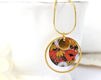 Autumn orange and gold poppy pendant necklace for women, wildflower jewelry, handmade gift, boho necklace, gift for her