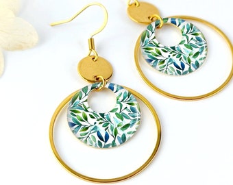 Boucles d'oreilles pour femme feuilles vert et bleu