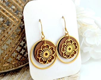 Boucles d'oreilles fleurs pour femme, en bois et acier inoxydable chirurgical doré