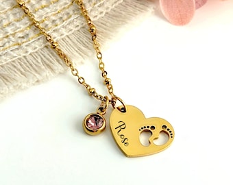 Collier pendentif cœur personnalisé et pierre de naissance, gravure au laser, bijou pour femme, pour maman