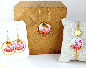 Women's jewelry set, colorful flower jewelry: necklace, bracelet and earrings, gift for her, boho chic jewelry, women's jewelry