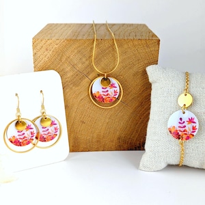Conjunto de joias femininas, joias de flores coloridas: colar, pulseira e brincos, presente para ela, joias boho chic, joias femininas