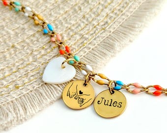 Bracelet chaîne large et émaillée, médaille gravée personnalisé pour femme