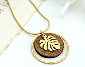 Collier feuille de Monstera or pendentif en bois pour femme