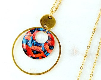 Collier long coquelicots rouge sur fond bleu pour femme