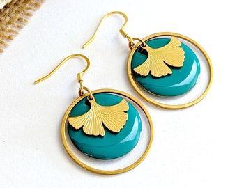 Pendientes de hoja de ginkgo para mujer, azul pavo real y oro, joyas minimalistas de ginkgo, regalo para ella, pendientes hechos a mano