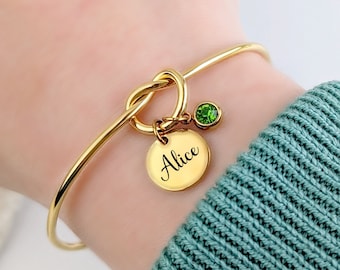 Bracelet jonc médaille en acier inoxydable, cadeau personnalisé, bijou prénom et pierre de naissance pour femme