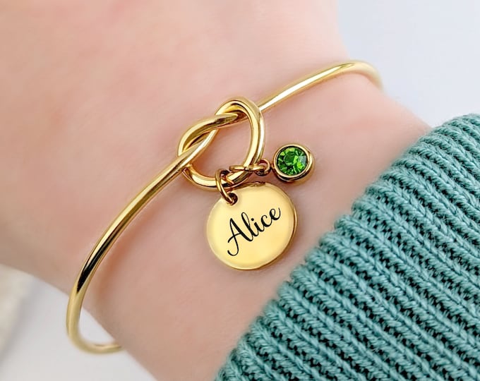 Featured listing image: Bracelet jonc médaille en acier inoxydable, cadeau personnalisé, bijou prénom et pierre de naissance pour femme