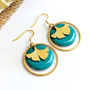 Ginkgo leaves dangled earrings for woman, duck blue and golden, handmade jewelry, gift idea for her, gift for mom,mother&#39;s day