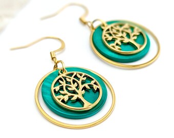 Boucles d'oreilles Arbre de Vie vert émeraude en nacre et acier inoxydable pour femme