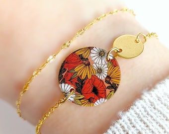 Bracelet or fleurs d'automne coquelicot orangé pour femme