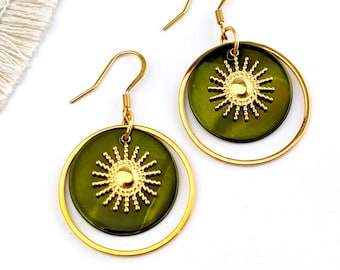 Boucles d'oreilles soleil pour femme vert et or
