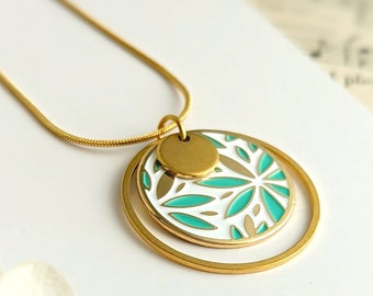 Collier or et pendentif fleurs vert d'eau pour femme