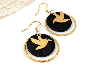 Boucles d'oreilles colibri noir pour femme - Or ou Argent
