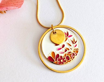 Boho necklace pendant colorful enamel flowers orange pink gold, floral handmade jewelry, gift for her, costume jewelry, mom gift