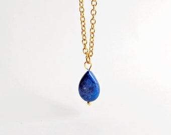 Collier goutte Lapis Lazuli, chaîne fine acier inoxydable longueur au choix, collier minimaliste femme, bijoux pierre naturelle bleu