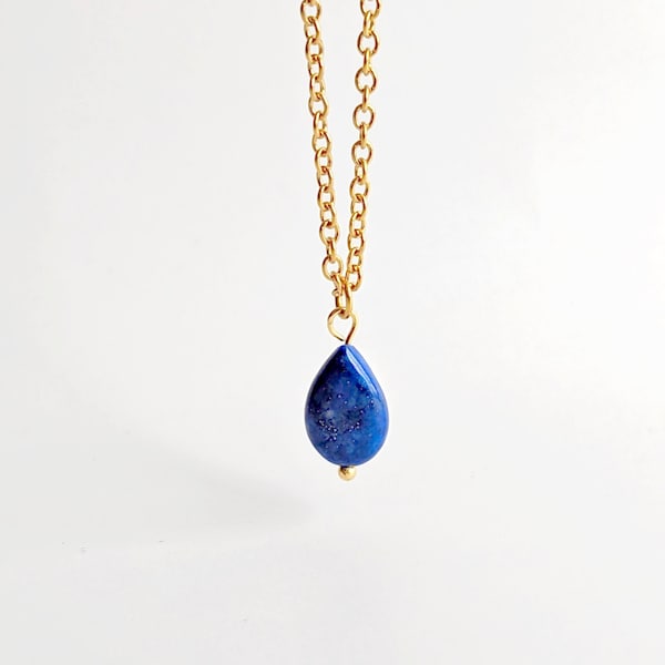 Collier goutte Lapis Lazuli, chaîne fine acier inoxydable longueur au choix, collier minimaliste femme, bijoux pierre naturelle