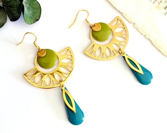 Boucles d'oreilles dorées originales pour femme bleu et vert