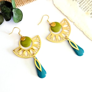 Original golden earrings for blue and green women, art deco jewelry, stainless steel, gift idea for her, gift for mom