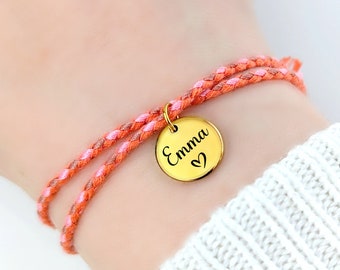 Personalized women's bracelet, engraved medallion jewelry, colorful orange pink bracelet, double cord bracelet, personalized gift, summer jewelry