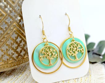 Boucles d'oreilles Arbre de Vie vert menthe en nacre et acier inoxydable pour femme