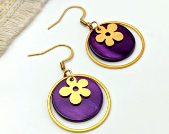 Boucles d'oreilles Fleur pop et nacre violet pour femme