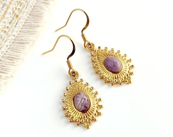 Boucles d'oreilles gouttes cabochon d'améthyste et acie inoxydable pour femme