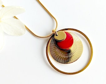 Collier rouge et or, pendentif double rond