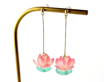 Long pink Lotus flower earrings, Water Lily earrings, lotus flower jewelry, women's birthday gift, gift for her