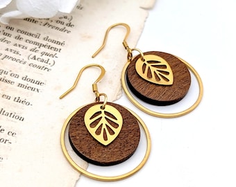 Boucles d'oreilles feuilles pour femme, en bois et acier inoxydable chirurgical doré