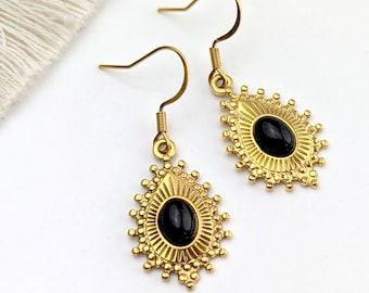 Boucles d'oreilles pendantes gouttes Onyx noir et or pour femme