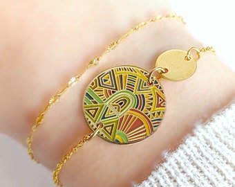 Bracelet doré émaillé aztèque vert anis marron pour femme