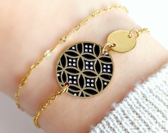 Bracelet minimaliste noir et or style japonais en émail pour femme