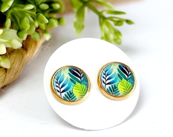 Boucles d'oreilles puces cabochons feuilles vert et bleu canard en acier inoxydable chirurgical