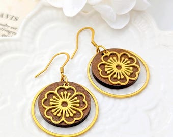 Boucles d'oreilles fleurs pour femme, en bois et acier inoxydable chirurgical doré