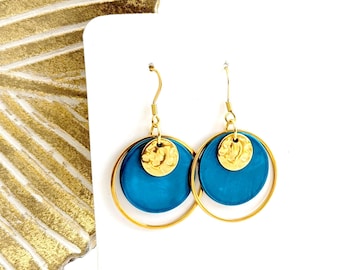 Boucles d'oreilles bleu canard en nacre et acier inoxydable pour femme