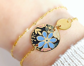 Bracelet bohème chic fleurs bleu et or pour femme