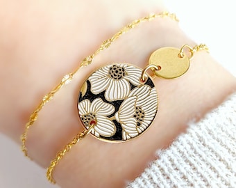 Bracelet doré ou argenté : Fleurs noires et blanches pour femme